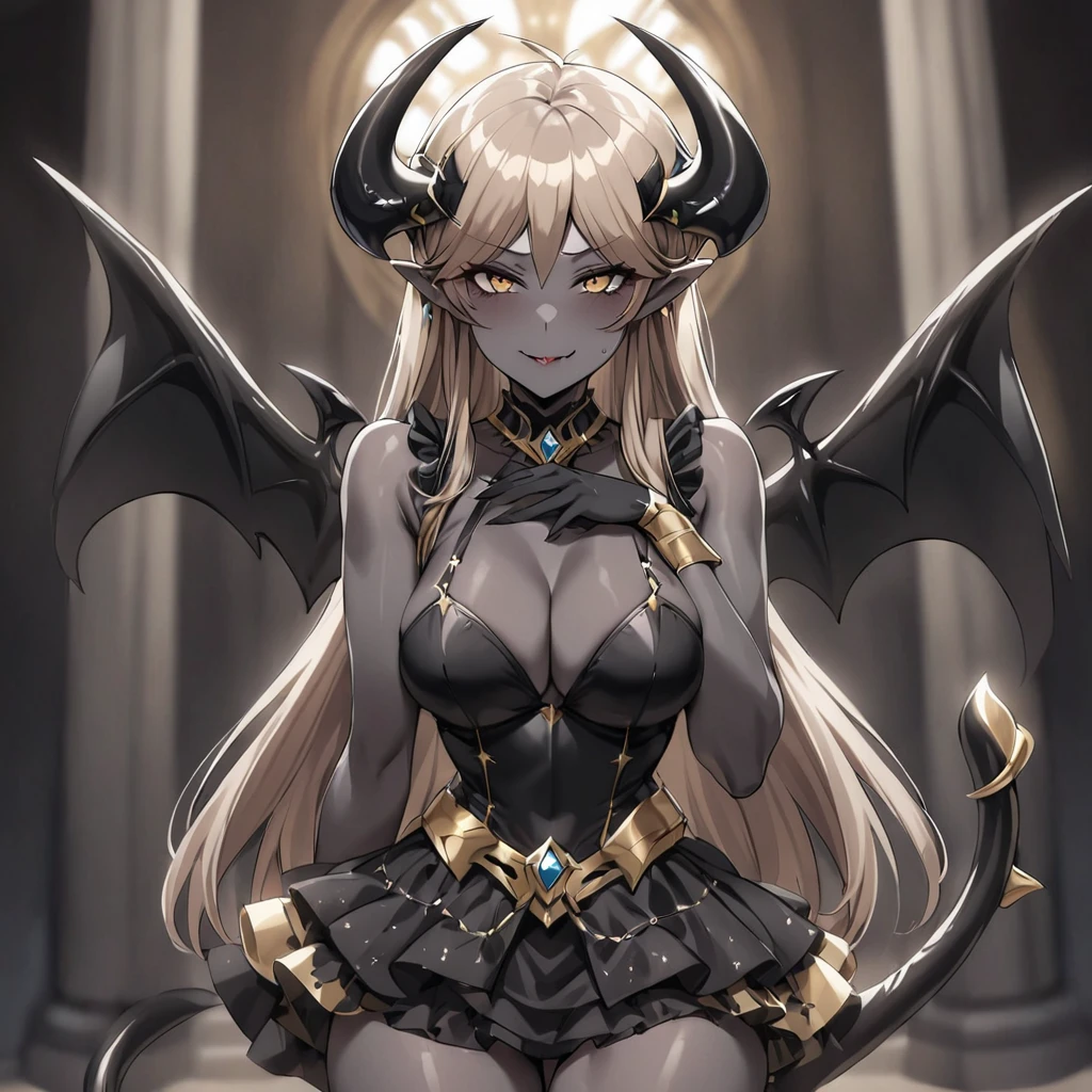 ((Highest quality)), ((masterpiece)), (detailed), (Perfect Face)、The woman is a sexy devil with jet black skin、The woman is a jet-black female demon posing with a gentle expression as she gazes into the camera with cute, fawning gestures like an idol. She has impressive devil horns, jet-black devil wings, and a jet-black tail. Her skin is jet-black, and she is wearing a cute black miniskirt and a frilly idol costume. She is the jet-black demon Princess Leona, with medium-long light brown hair that is a devil in both body and mind, and has the expression of a maiden in love.、The woman is the wife of a dignified and powerful demon king, her beloved husband.