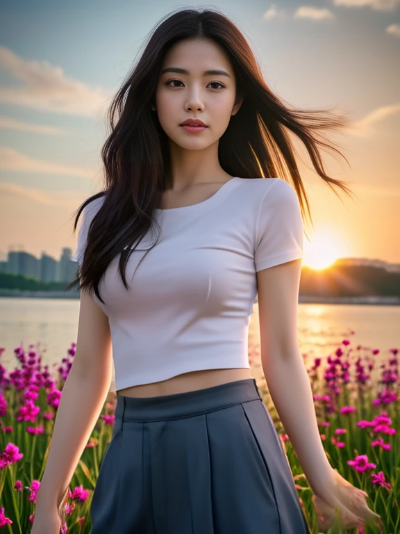 ภาพระยะใกล้ของผู้หญิงlong hairชาวเอเชียตะวันออกเฉียงใต้ที่มีใบหน้ากลม, ,ผมหางม้าlong hair,float up, black eyes, staring at the viewer, abdominal muscles, shiny body, Large chest 36 inches, morning sun, (sexy poses), ((face details)), Double eyelids, realistic, Masterpiece, Highest quality, lens flare, shade, [[Chromatic aberration, digital painting, 8K, 45,000,000,000 pixels, Thai chat set, Strapless top, long hair,black eyes,abdominal muscles, The body is beautiful and strong., rounded chest, (digital painting, HDR, high contrast