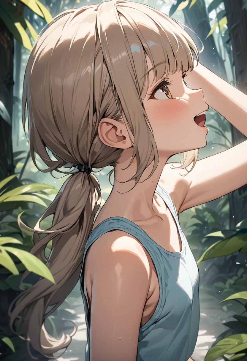 ((Masterpiece)), ((best quality)), (Anime:1.3), (super detail:1.2), (High Definition:1.3), (Professional Photography:1.2), (sharp focus), (perfect light), profile, (Face only sideways), ((12 years old)), 1girl, (laughing), :d, (Glossy lips), upper body, (cheep tanktop), (Healthy slim body), (loose blunt bangs), low ponytail, ((cute boxer shorts)), pale brown hair, small breast, cute hips, BREAK, ((best quality)), arm up, (mist effect:1.3), (in subtropical rainforest), Beautiful Horizon Background, sunset,