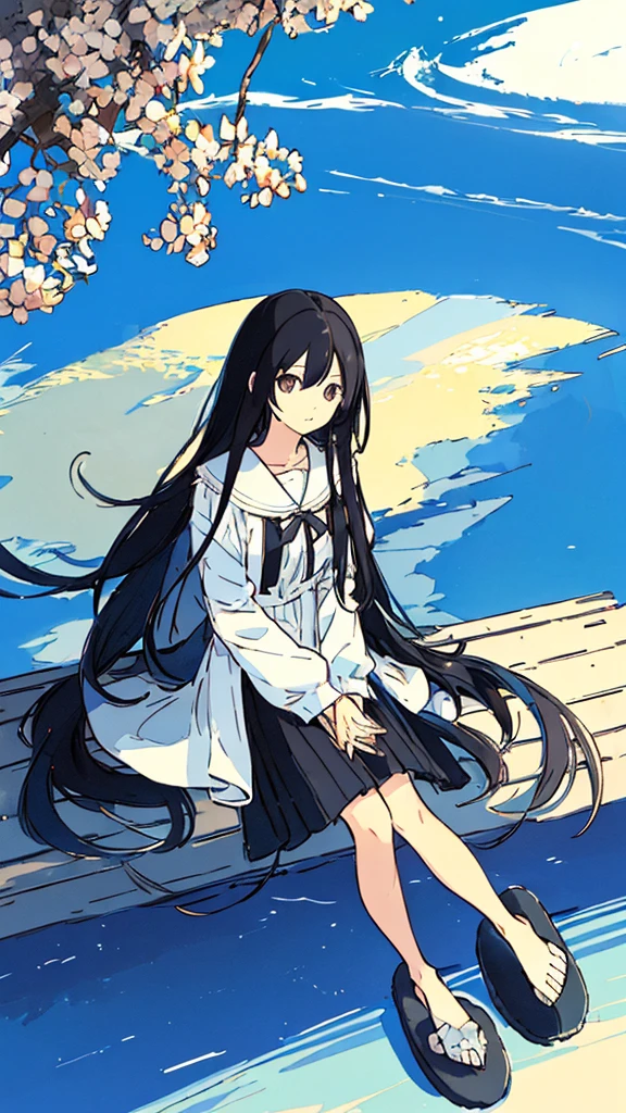 a girls, from above,black hair,long sleeves, long hair,long hair, on back,slippers,blue sky,Looking up at the sky