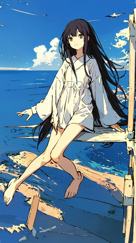 a girls, from above,black hair,long sleeves, long hair,long hair, on back,slippers,blue sky,Looking up at the sky