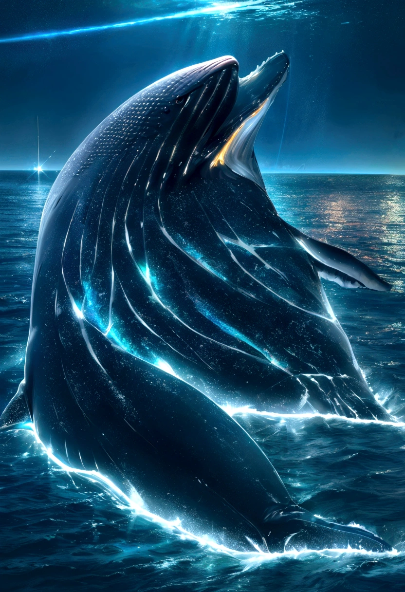 (Excellent: 1.2, Highest Quality), (Realistic, Photorealistic: 1.4), Beautiful illustration, Dutch angle, Reflection of the water surface from underwater, (Electricity-like glow, a large whale diving into the sea), Sparkling light runs through the air, The whale is wrapped in electricity and sparkles, Digital data image background, Rainbow-colored digital space, Large planet in the background,