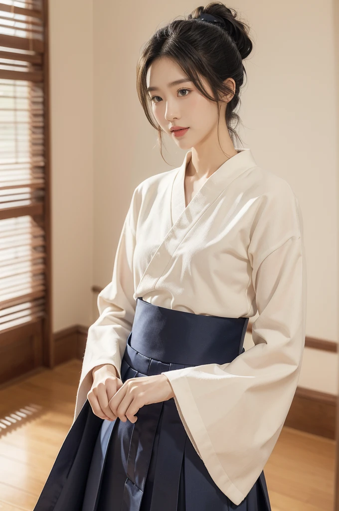 (((best quality))),(((ultra detailed))),(((masterpiece))),illustration,1girl,solo,short ponytail,slim,thin,small breasts,flat chest,collar,white kendogi,three-quarter sleeves,navy-blue kendo hakama,standing in kendodo gym,arms behind back,focused and determined expression,ready for challenge,slender and elegant face,confident and resilient,fair skin,blush,neat teeth,bright smile,clean and tidy uniform,wooden gym floor,wall,pine scent,standard grip,ready to slice through obstacles,strong belief,determination,spirit of resilience,admiring