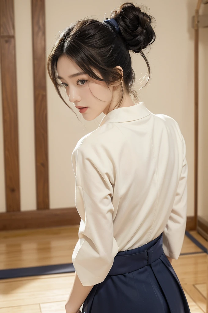 (((best quality))),(((ultra detailed))),(((masterpiece))),illustration,1girl,solo,short ponytail,slim,thin,small breasts,flat chest,collar,white kendogi,three-quarter sleeves,navy-blue kendo hakama,standing in kendodo gym,arms behind back,focused and determined expression,ready for challenge,slender and elegant face,confident and resilient,fair skin,blush,neat teeth,bright smile,clean and tidy uniform,wooden gym floor,wall,pine scent,standard grip,ready to slice through obstacles,strong belief,determination,spirit of resilience,admiring