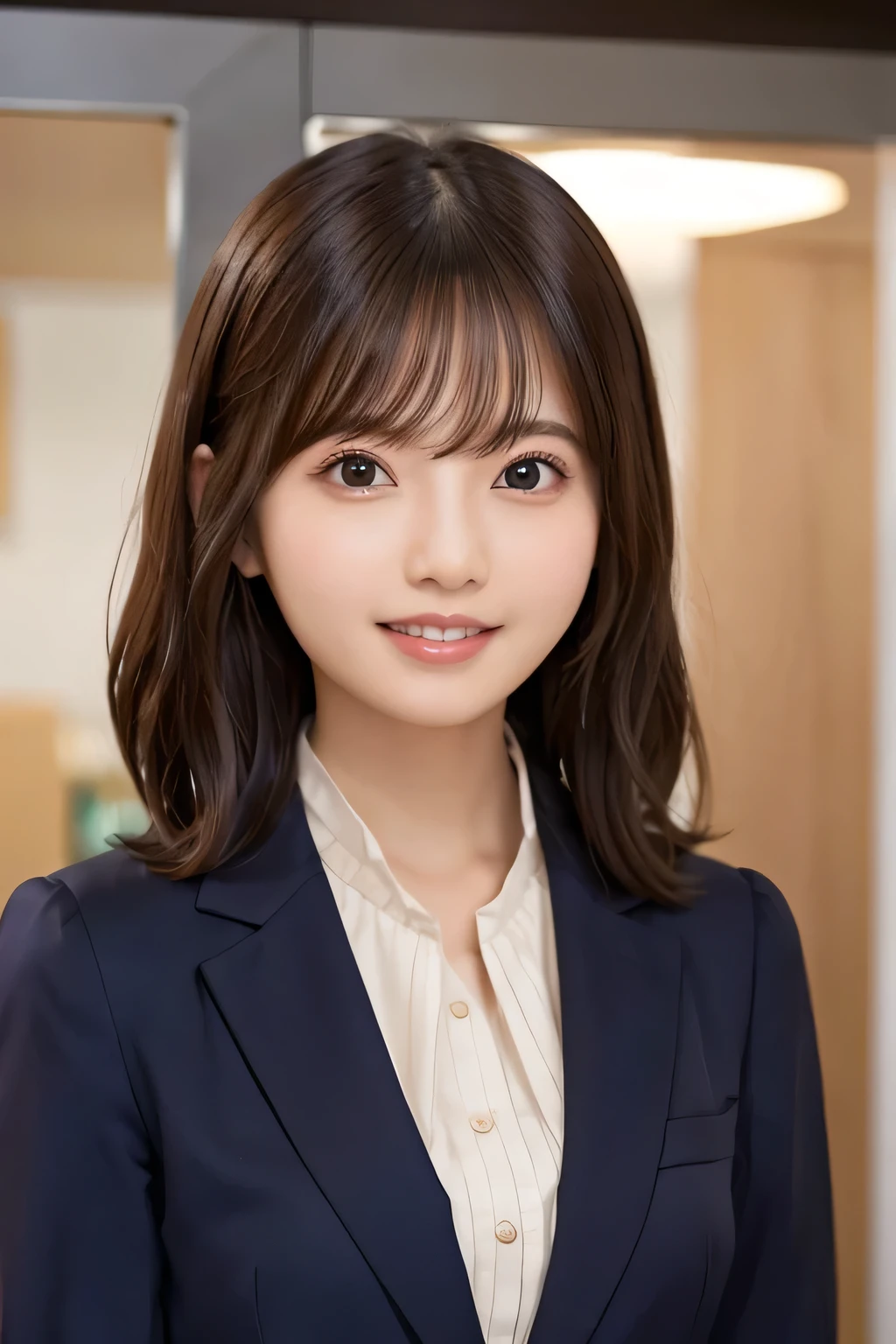 Beautiful young woman、 brown hair、Necklace around the neck、Office Lady Suits、Jacket、Unbuttoned shirt、smile、Beautiful teeth alignment、Wavy Hair、short hair、Intricate details, Very detailed:1.2), 、 Looking into the camera,The background is the office、Necklace around the neck、Dark eyeliner、ear piercing
