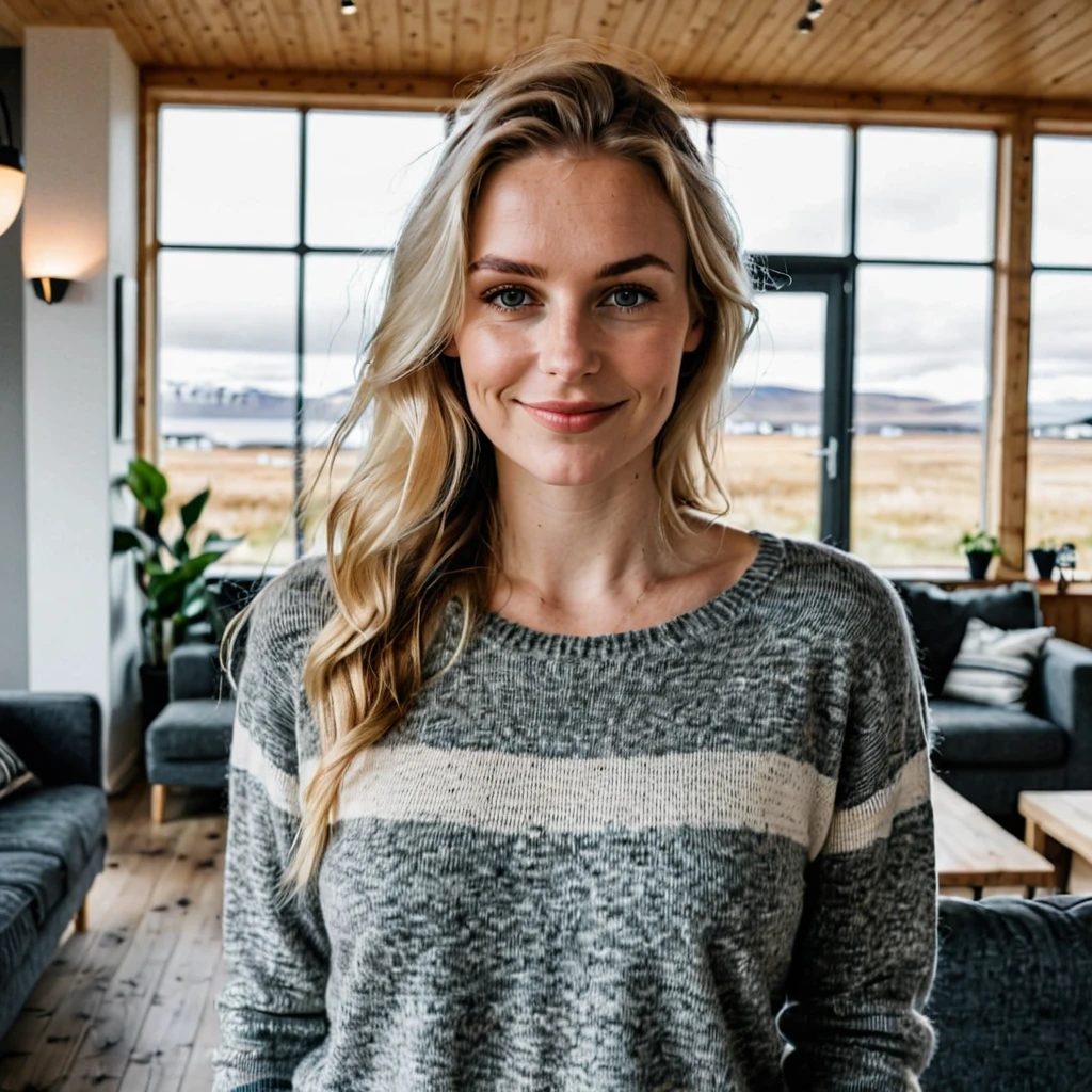 a beautiful picture of an typical icelandic woman in casual clothes, hifg quality,full upperbody,indoors, (smile:0.5), nsfw, solo 1 woman, there are some sexual aspects in the picture, the focus is on her