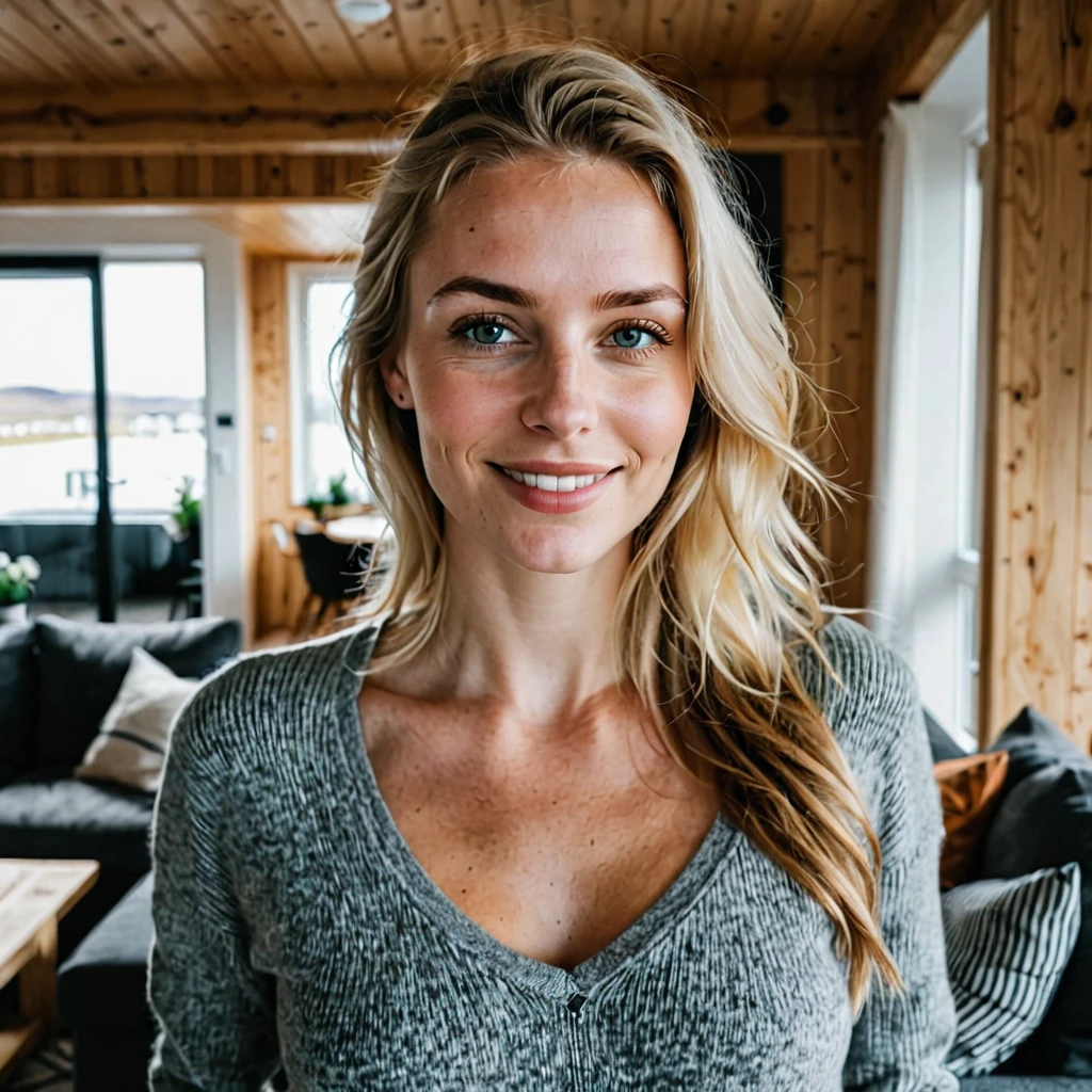 a beautiful picture of an typical icelandic woman in casual clothes, hifg quality,full upperbody,indoors, (smile:0.5), nsfw, solo 1 woman, there are some sexual aspects in the picture, the focus is on her
