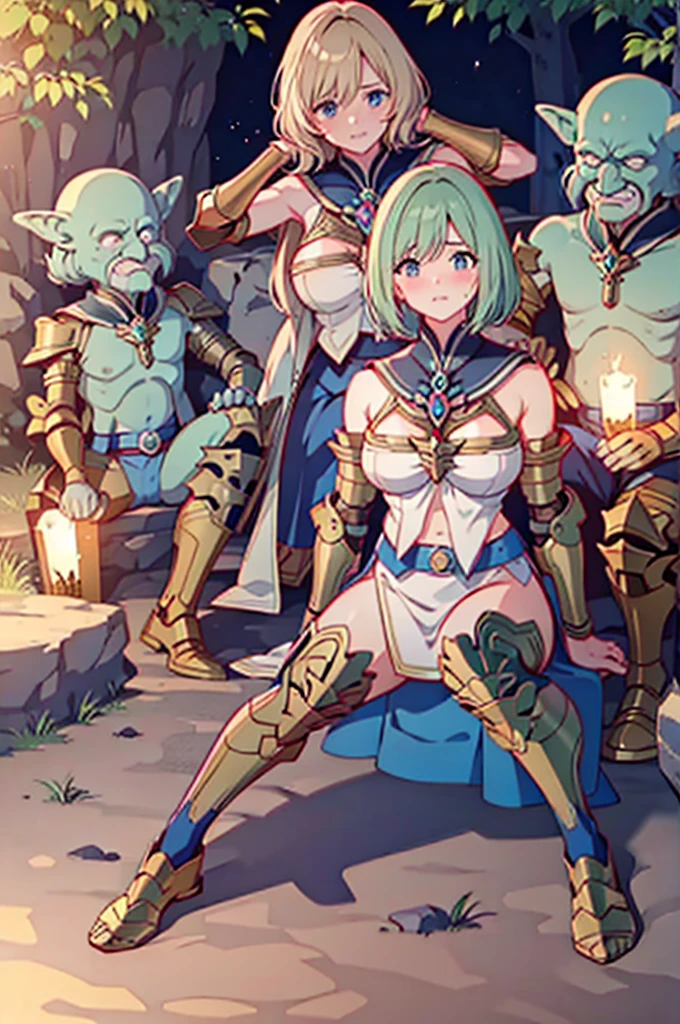{{{nsfw:1.5}}}, (1 mature, muscular female paladin,Age 25,Put your arms behind your head,Gorgeous Paladin Armor,Arm guard,Leg guards),(A female paladin surrounded by three male goblins),(Vicious Goblin in Heat),Outdoor,(weak々Kneel deeply,Surrender),(anger,Are crying:1.2),(Gorgeous Necklace,jewelry, bracelet),Big Breasts,