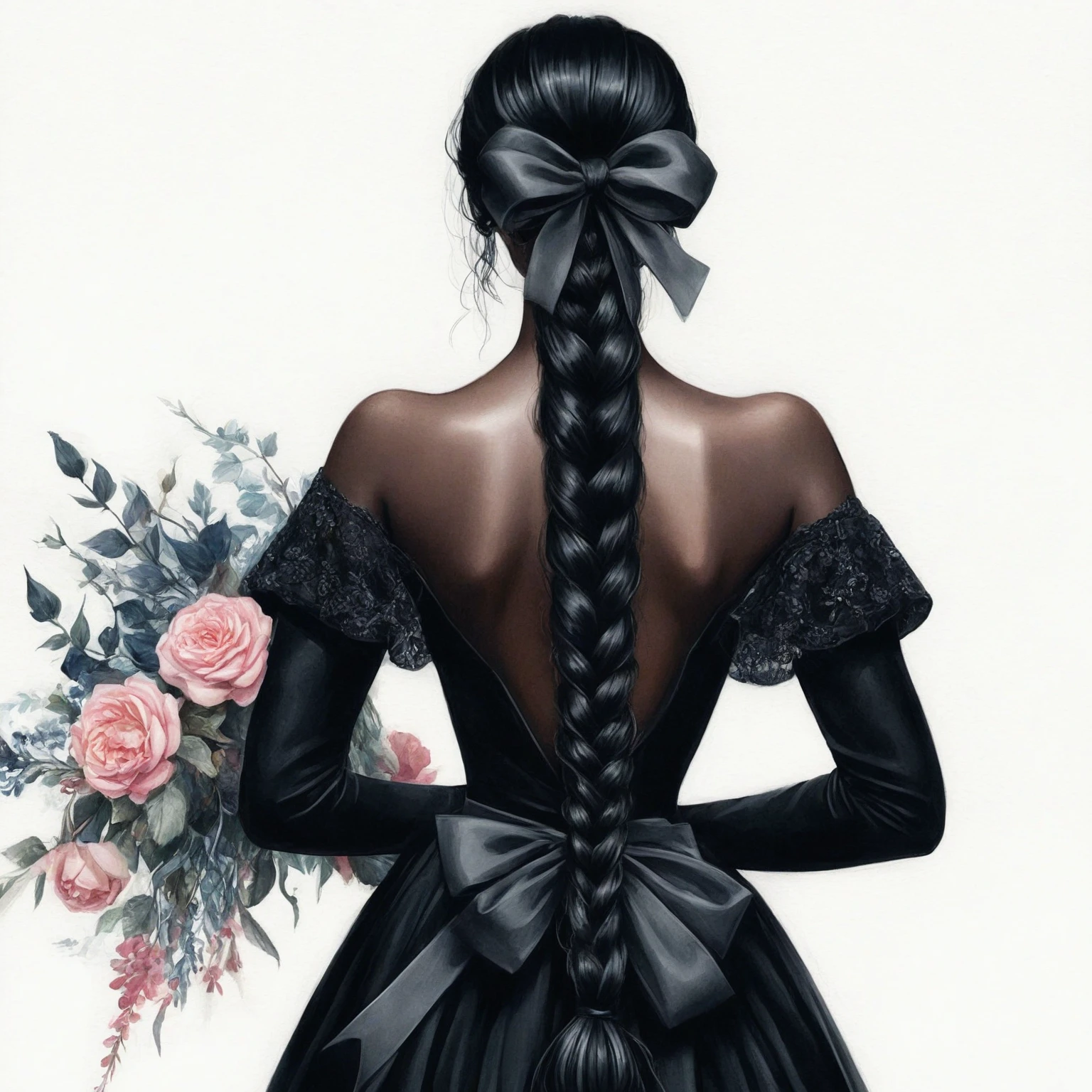 there is a woman with a long braid in a black dress, black elegant hair, elegant woman, digital art of an elegant, elegant girl, ebony rococo, elegant portrait, black art, she is the queen of black roses, style of charlie bowater, dark beauty, black roses in hair, black haute couture, elegant lady, elegant digital painting