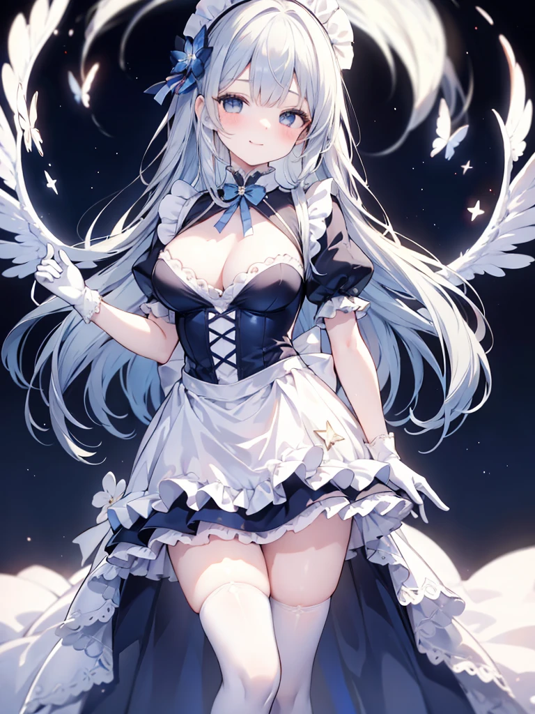 best quality,masterpiece,detailed face, uncensored, 1girl, solo focus, smile, blush, solo, full body, standing, dark blue hair, long hair,low tied hair, forehead, blue eyes, maid, maid headdress, dark blue dress, puffy sleeves, elbow gloves, white gloves, apron, long skirt, dark blue skirt, white thighhighs,Masterpiece, Top Quality Anime Illustration, Super Detail, One Girl, Solo, Beautiful Girl with Silver Hair, Anime , maid dress,Smile,(white background),((charming))、perfect proportions, cute woman, baby face, BREAK source_anime, high detail, looking at viewer,POV, large chest, best quality, highly detailed, young face,Droopy eyes,relaxed face,