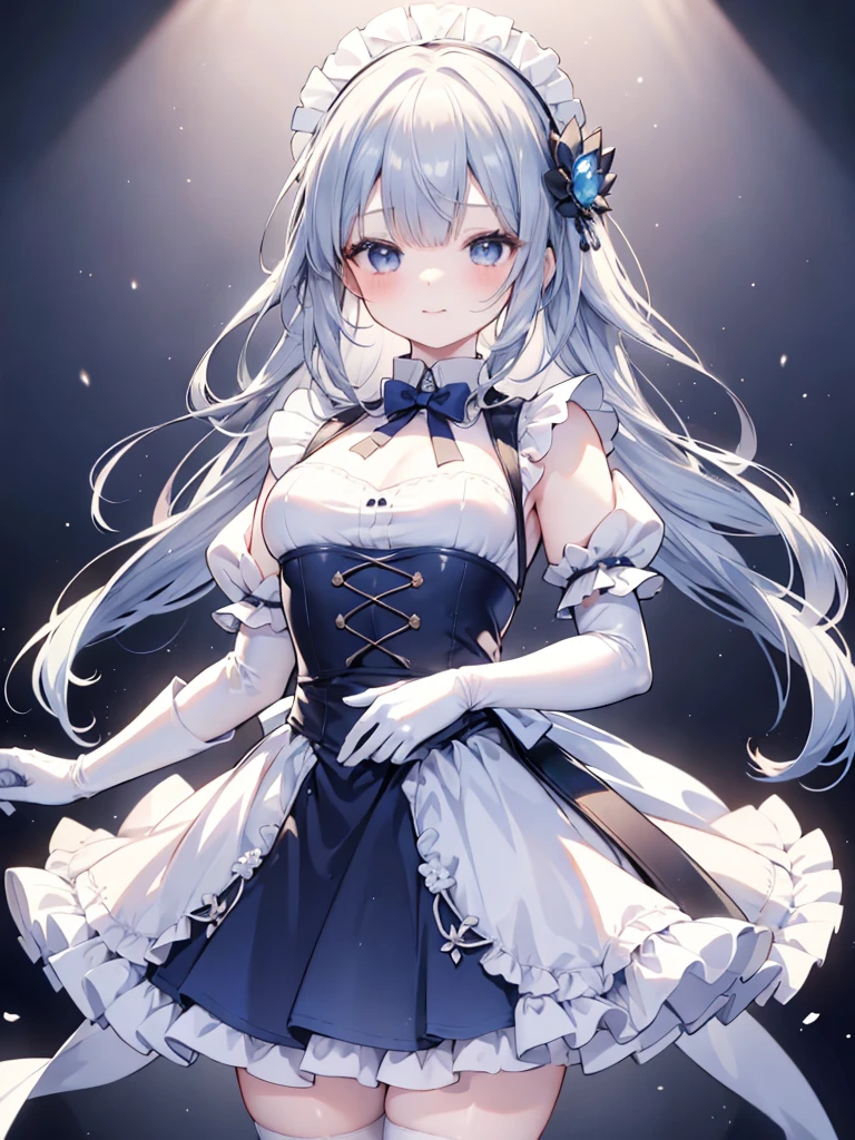 best quality,masterpiece,detailed face, uncensored, 1girl, solo focus, smile, blush, solo, full body, standing, dark blue hair, long hair,low tied hair, forehead, blue eyes, maid, maid headdress, dark blue dress, puffy sleeves, elbow gloves, white gloves, apron, long skirt, dark blue skirt, white thighhighs,Masterpiece, Top Quality Anime Illustration, Super Detail, One Girl, Solo, Beautiful Girl with Silver Hair, Anime , maid dress,Smile,(white background),((charming))、perfect proportions, cute woman, baby face, BREAK source_anime, high detail, looking at viewer,POV, large chest, best quality, highly detailed, young face,Droopy eyes,relaxed face,