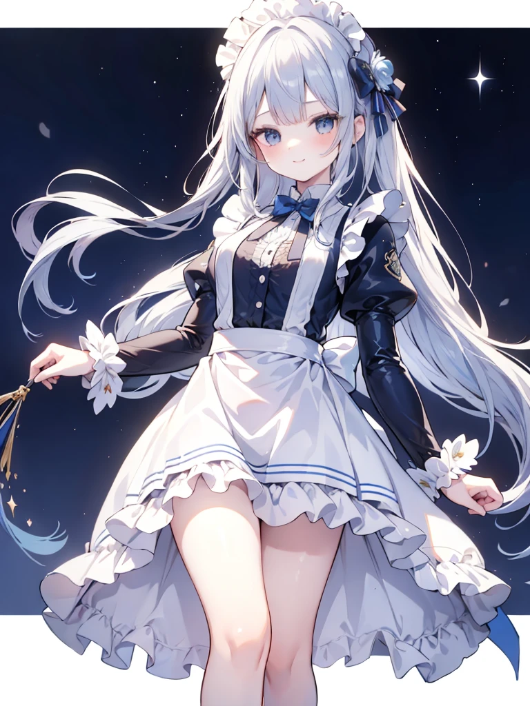 best quality,masterpiece,detailed face, uncensored, 1girl, solo focus, smile, blush, solo, full body, standing, dark blue hair, long hair,low tied hair, forehead, blue eyes, maid, maid headdress, dark blue dress, puffy sleeves, elbow gloves, white gloves, apron, long skirt, dark blue skirt, white thighhighs,Masterpiece, Top Quality Anime Illustration, Super Detail, One Girl, Solo, Beautiful Girl with Silver Hair, Anime , maid dress,Smile,(white background),((charming))、perfect proportions, cute woman, , BREAK source_anime, high detail, looking at viewer,POV, large chest, best quality, highly detailed, young face,Droopy eyes,relaxed face,