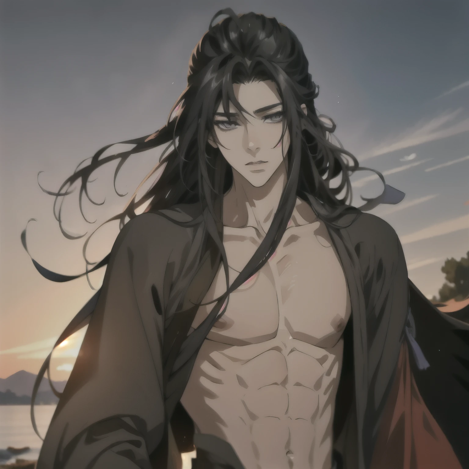 (masterpiece, best quality:1.2), 1male, solo, wei wuxian, mo dao zu shi, mdzs, off clothes, grey eyes, long black hair, perfect anatomy, nudity