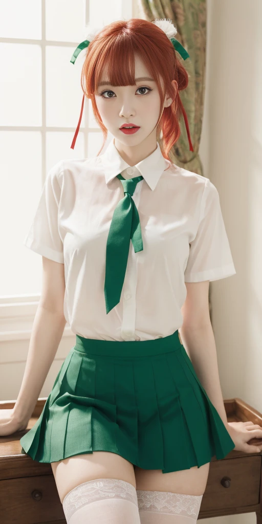 masterpiece, white shirt, green skirt ,red tie, red hair ribbon, white stockings, 8k, lin, green hair