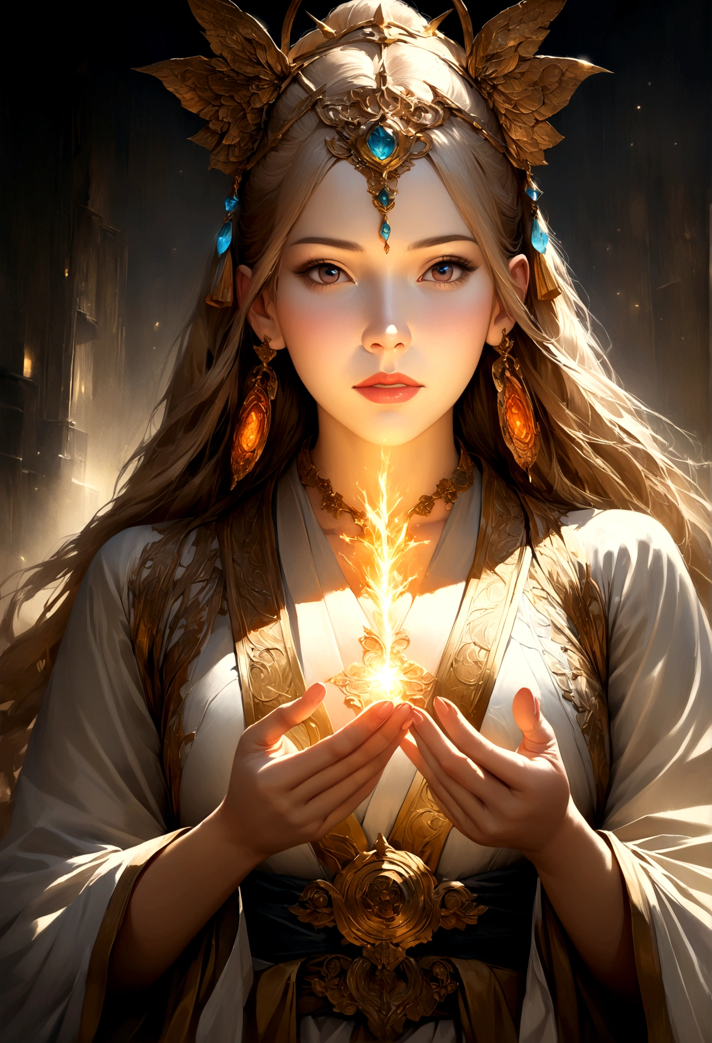 a very cute woman wearing a traditional japanese kimono, glowing with a divine aura, long golden hair, surrounded by a mystical spiritual atmosphere, (best quality,4k,8k,highres,masterpiece:1.2),ultra-detailed,(realistic,photorealistic,photo-realistic:1.37),detailed face,extremely detailed eyes and face,longeyelashes,beautiful detailed lips,cinematic lighting,dramatic lighting,vibrant colors,intricate details,fantasy,spiritual,goddess,ethereal、　Facing front.、

