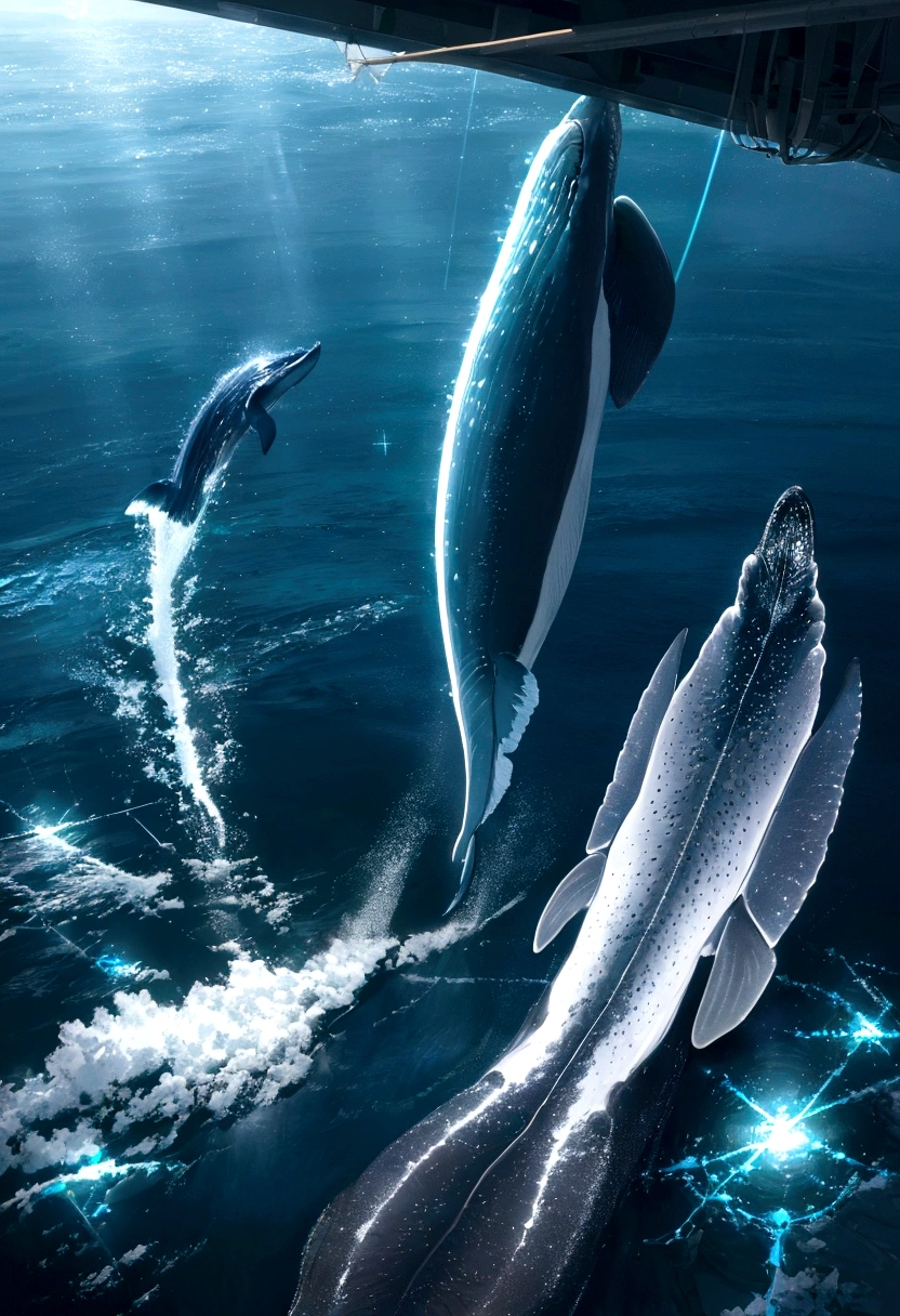 (Excellent: 1.2, Highest Quality), (Realistic, Photorealistic: 1.4), Beautiful illustration, Dutch angle, Reflection of the water surface from underwater, (Electricity-like glow, a large whale diving into the sea), Sparkling light runs through the air, The whale is wrapped in electricity and sparkles, Digital data image background, Rainbow-colored digital space, Large planet in the background,