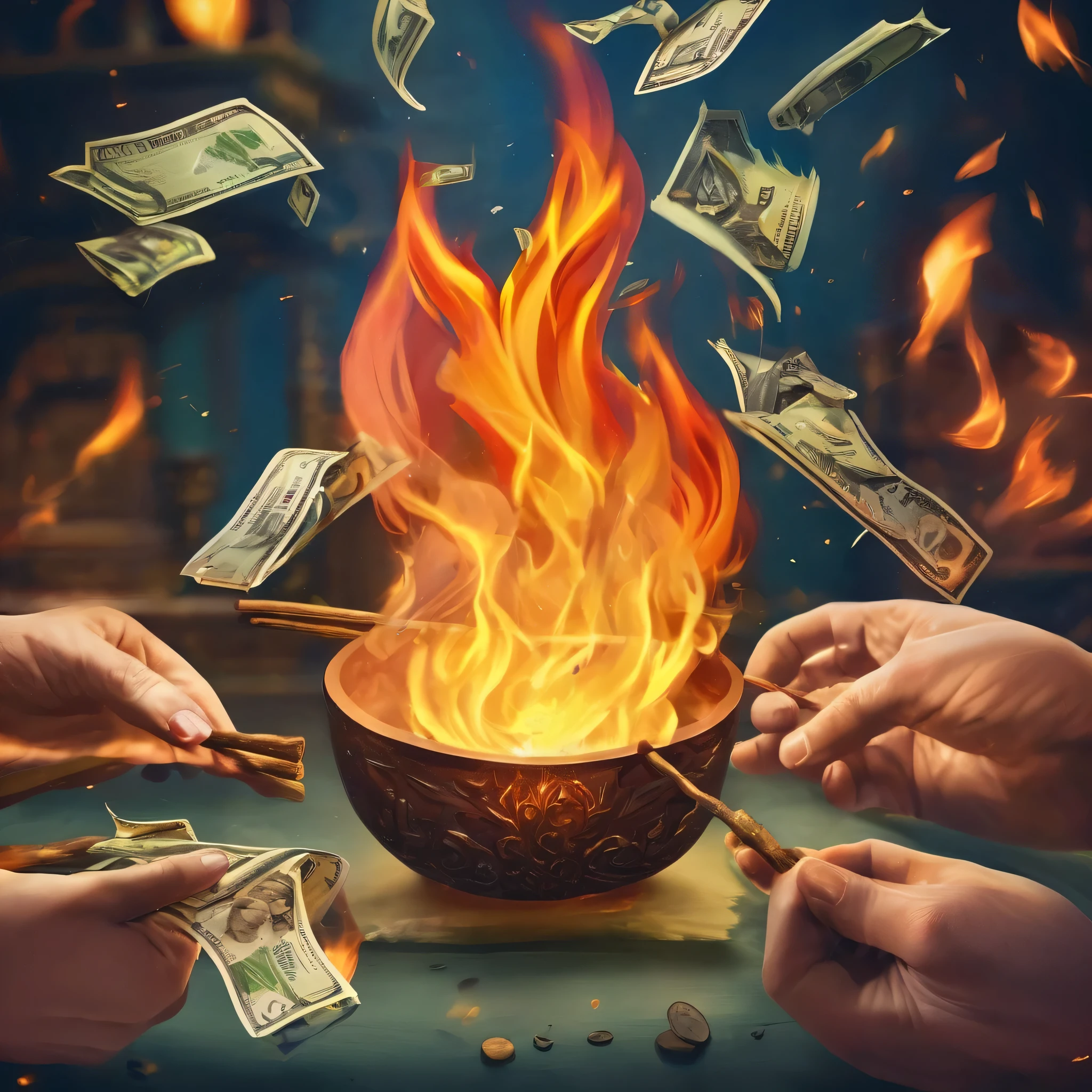 Financial blocking spirit with a stick in hands burns money with a mystical fire