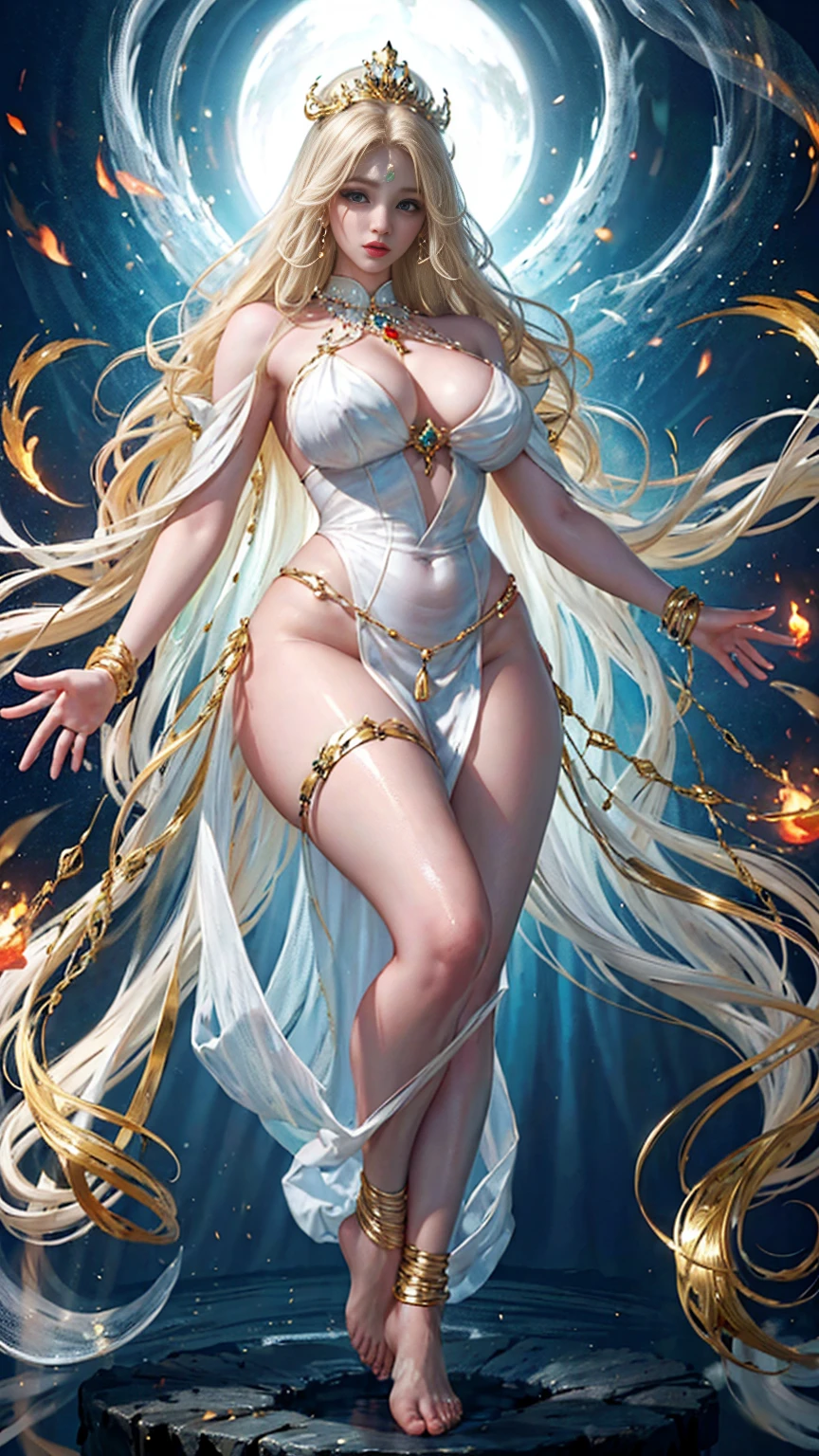 Full body picture，White holy light background，Exquisite, beautiful and charming face，Flowing blond hair，Exquisite and beautiful feet，Long gold anklet with jade，The white gauze is wrapped around the plump and graceful body，The white and red skin is faintly visible，Tight and plump thighs pressed together。