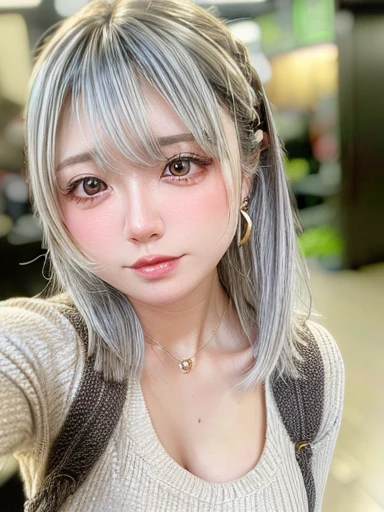 8K, RAW Photos, Fujifilm, Beautiful 20 year old woman style photo, (((Gray Hair:1.3,美しいGray Hairのストレートヘアー、シルキーなGray Hair)))、(((White:1.5,))) Gold earrings, (Highly detailed skin: 1.2), Light medium brown hair, Film Grain, 35mm, Cute Style、Open your mouth、(((Standing 1.5)))、Selfie with smartphone