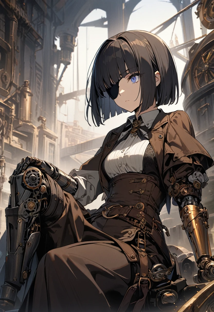 1 girl, human, expressionless, beautiful girl, short bob, light blue eyes, hime cut, steampunk, mechanical prosthetic arm, eye patch, sitting, masterpiece, best quality, anime
