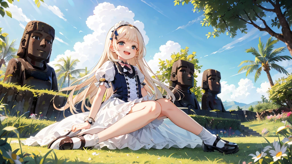 Highest quality, Ultra-detailed, Lolita Fashion, One Girl(8--old)autiful girl,Laughter, Arms crossed, Platinum Blonde Hair, At Moai Island,Flat Chest,Perfect limbs,The morning sun shines