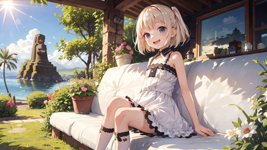 Highest quality, Ultra-detailed, Lolita Fashion, One Girl(8-year-old),Beautiful girl,Laughter, Arms crossed, Platinum Blonde Hair, At Moai Island,Flat Chest,Perfect limbs,The morning sun shines