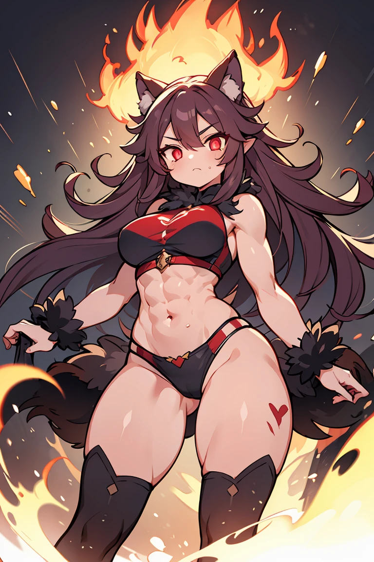 hell, Cerberus Girl, muscle, inflammation, fire, Huge thighs, Abdominal muscles, Exposed navel, Fur Arms, Glowing Eyes, One girl