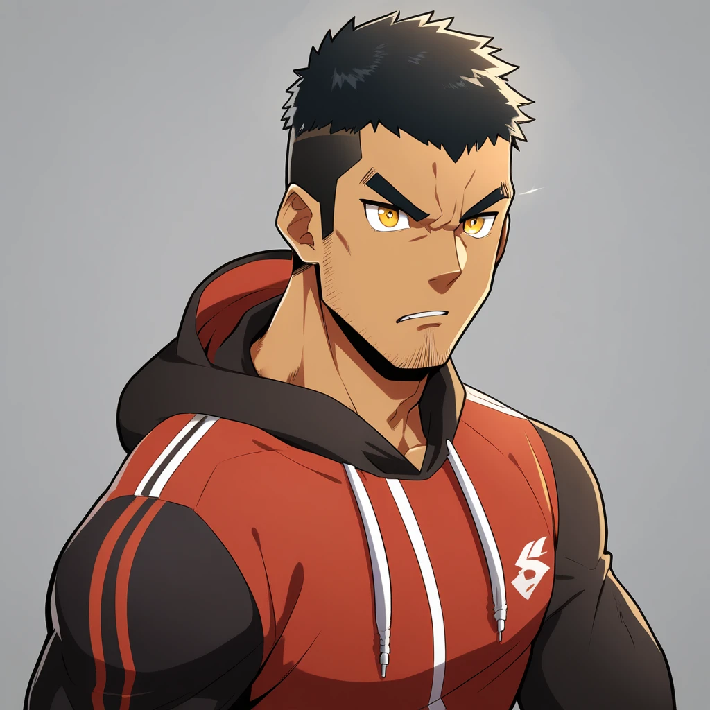 anime characters：Gyee, Young Muscle Sports Teacher, negro black skin,  Manliness, male focus, Dark red long-sleeved hooded sweatshirt, Very tight, muscular male, muscular, only, Upper body, alone, Black short hair, Thick eyebrows, stubble, Yellow eyes, Grey background, simple background, amazing quality, best aesthetics, Ridiculous, bright pupils, crew cut, parted lips, angry, v-shaped eyebrows, jitome, frown, best quality