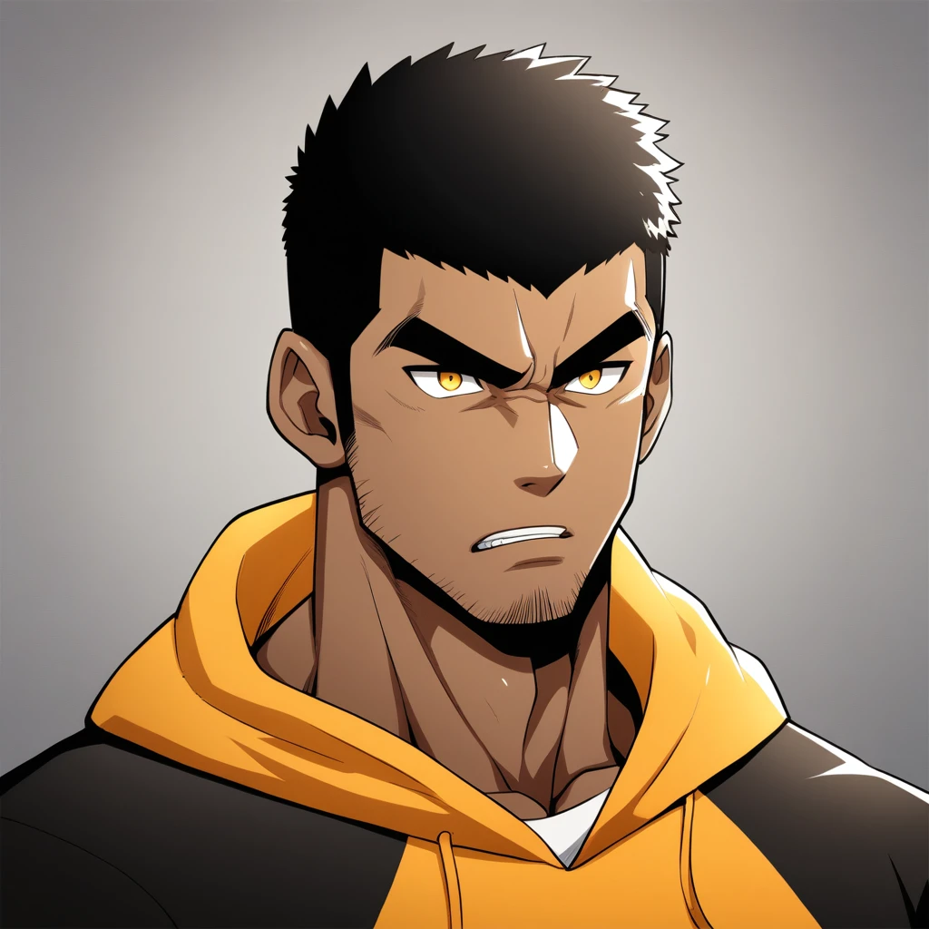 anime characters:Gyee, Young Muscle Sports Teacher, negro black skin, Manliness, male focus, Dark red long-sleeved hooded sweatshirt, Very tight, muscular male, muscular, only, Upper body, alone, Black short hair, Thick eyebrows, stubble, Yellow eyes, Grey background, simple background, amazing quality, best aesthetics, Ridiculous, bright pupils, crew cut, parted lips, angry, v-shaped eyebrows, jitome, frown, best quality
