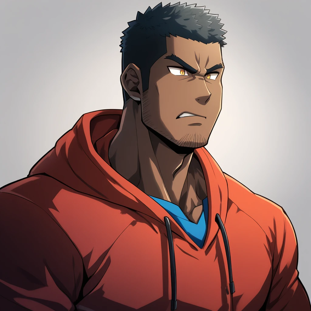 anime characters：Gyee, Young Muscle Sports Teacher, negro black skin,  Manliness, male focus, Dark red long-sleeved hooded sweatshirt, Very tight, muscular male, muscular, only, Upper body, alone, Black short hair, Thick eyebrows, stubble, Yellow eyes, Grey background, simple background, amazing quality, best aesthetics, Ridiculous, bright pupils, crew cut, parted lips, angry, v-shaped eyebrows, jitome, frown, best quality