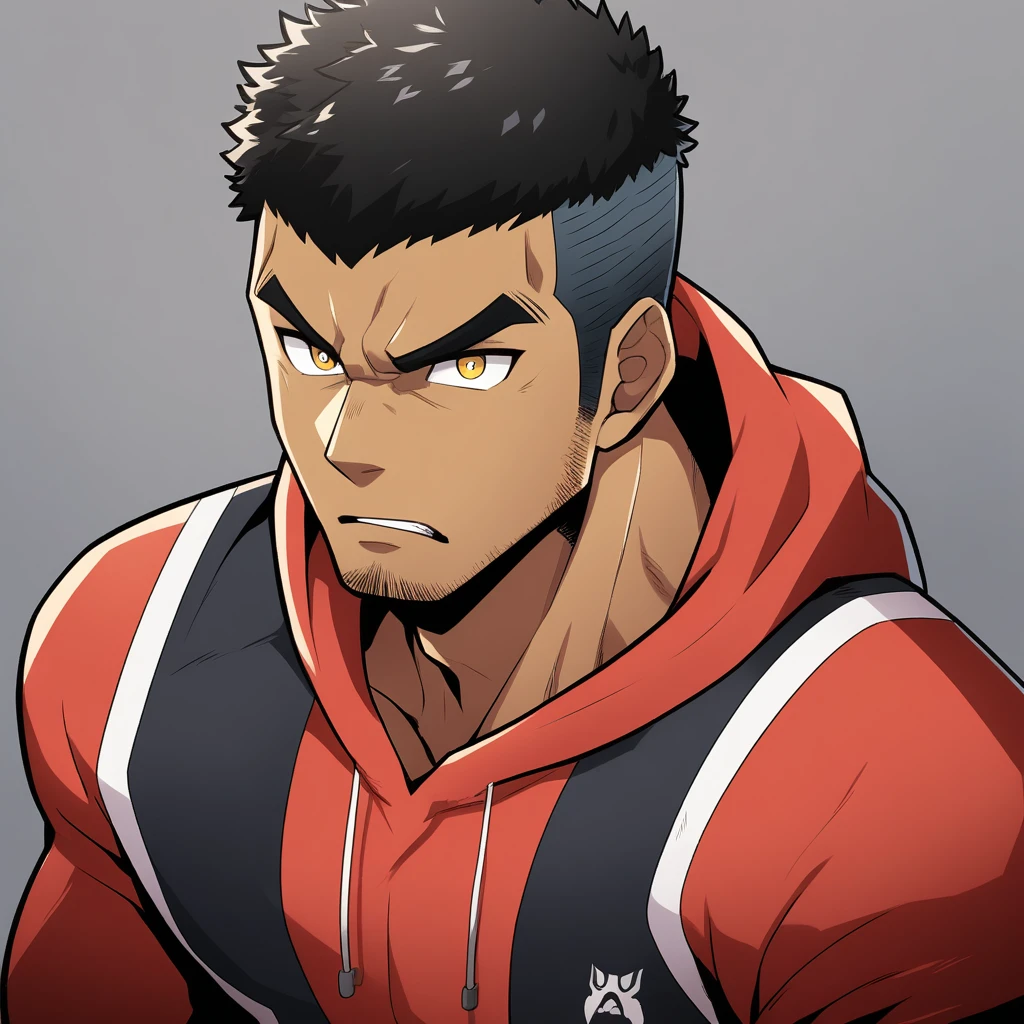 anime characters:Gyee, Young Muscle Sports Teacher, negro black skin, Manliness, male focus, Dark red long-sleeved hooded sweatshirt, Very tight, muscular male, muscular, only, Upper body, alone, Black short hair, Thick eyebrows, stubble, Yellow eyes, Grey background, simple background, amazing quality, best aesthetics, Ridiculous, bright pupils, crew cut, parted lips, angry, v-shaped eyebrows, jitome, frown, best quality
