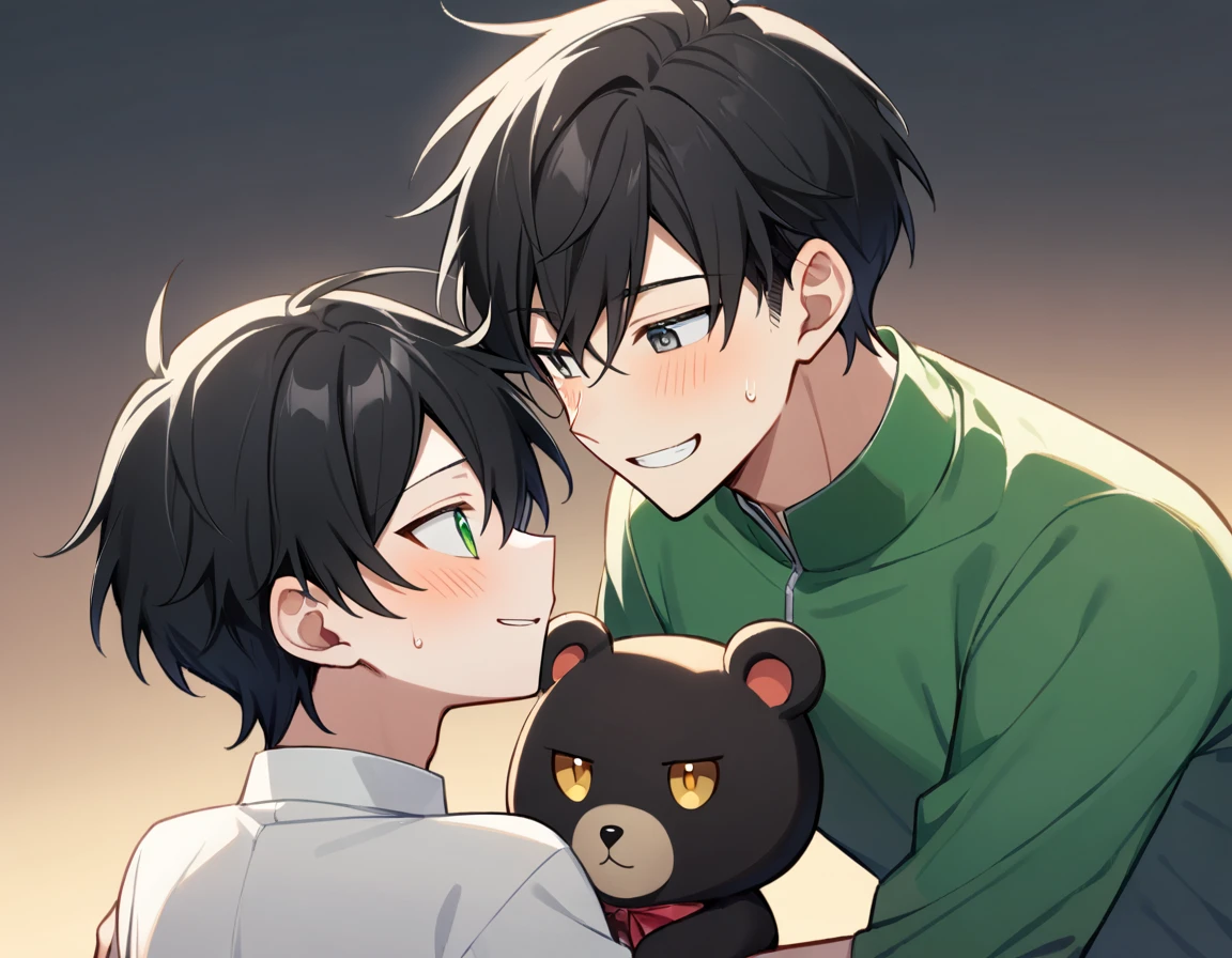 2 young men, focus man , Yaoi, pair, portable princess, bear, look elsewhere, smile, short hair, black hair, green eyes, black hair, gray eyes , The best aesthetics , best quality, Amazing quality, The best aesthetics, nonsense,bright
