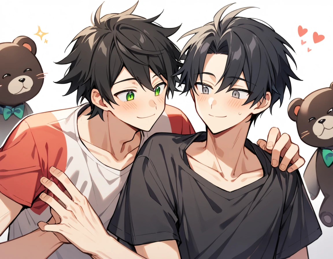 2 young men, focus man , Yaoi, pair, portable princess, bear, look elsewhere, smile, short hair, black hair, green eyes, black hair, gray eyes , The best aesthetics , best quality, Amazing quality, The best aesthetics, nonsense,bright