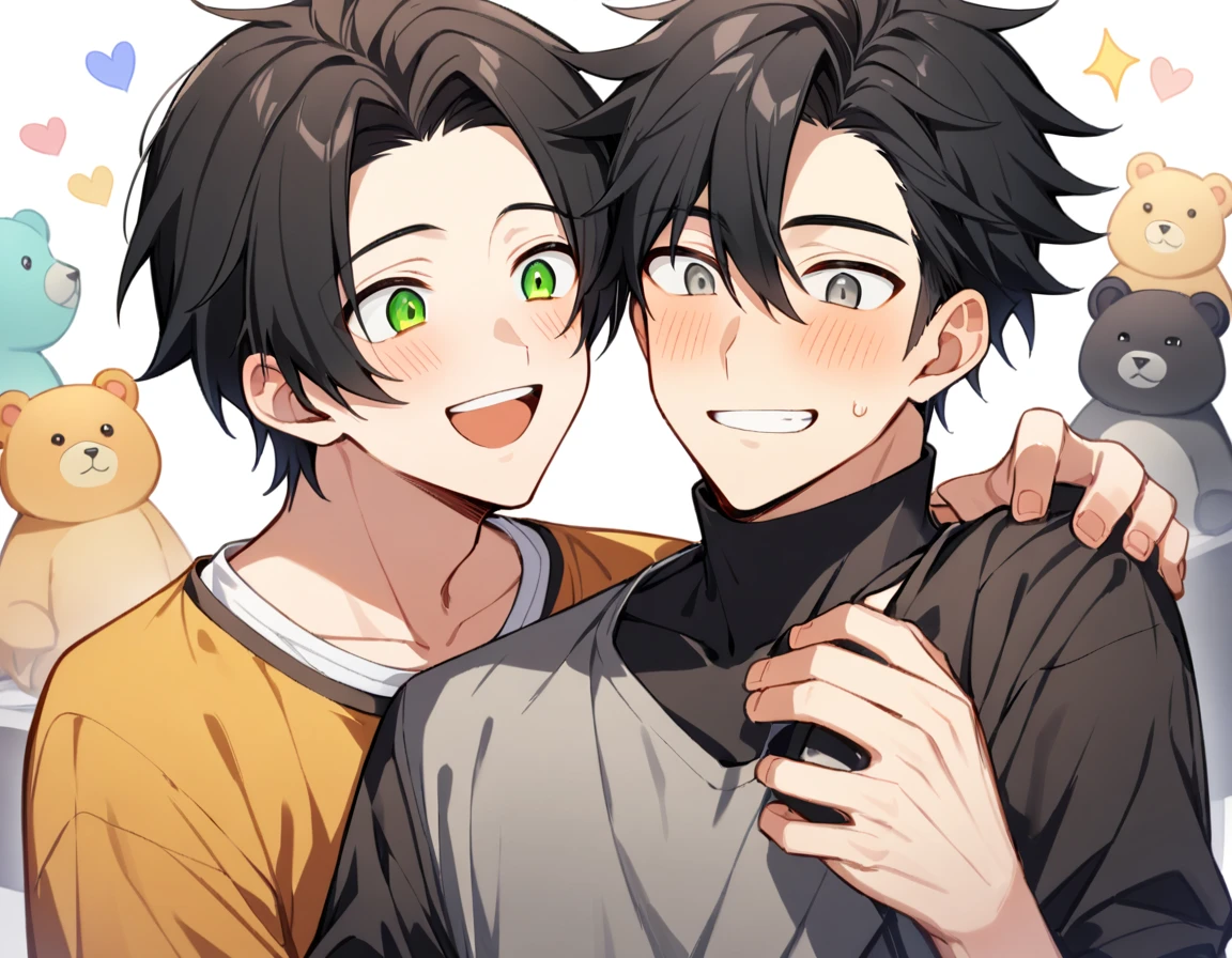 2 young men, focus man , Yaoi, pair, portable princess, bear, look elsewhere, smile, short hair, black hair, green eyes, black hair, gray eyes , The best aesthetics , best quality, Amazing quality, The best aesthetics, nonsense,bright