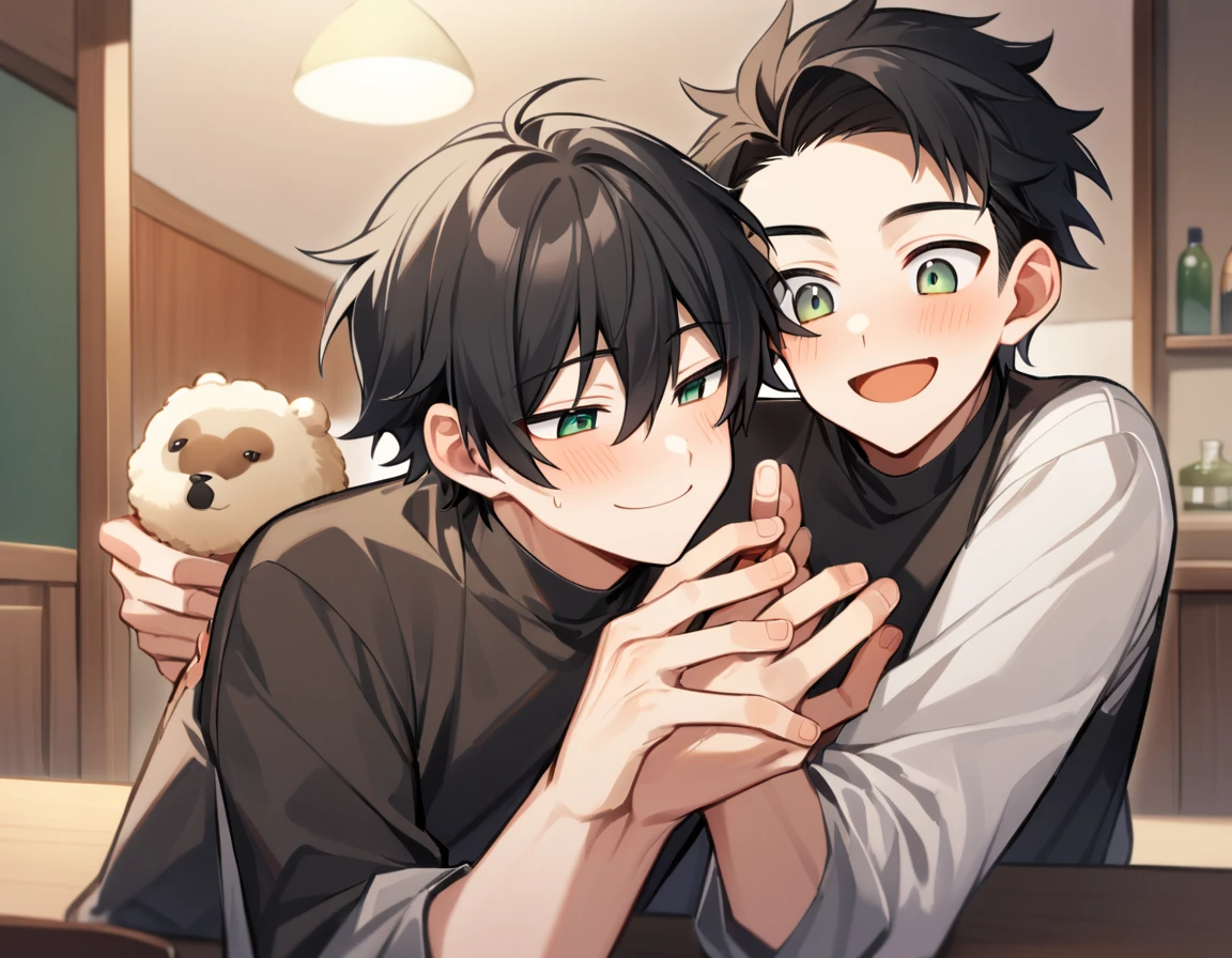 2 young men, focus man , Yaoi, pair, portable princess, bear, look elsewhere, smile, short hair, black hair, green eyes, black hair, gray eyes , The best aesthetics , best quality, Amazing quality, The best aesthetics, nonsense,bright