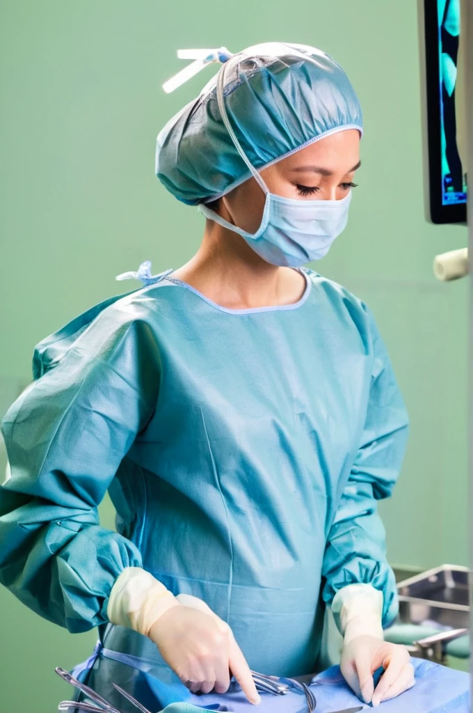 A female surgeon in surgical outfit, pregnant 9 , surgical mask, surgical cap and surgical gloves, Detailed picture, very high resolution, operating room,