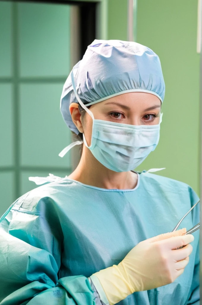 A female surgeon in surgical outfit, pregnant 9 , surgical mask, surgical cap and surgical gloves, Detailed picture, very high resolution, operating room,