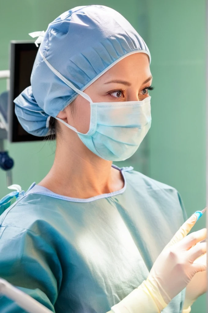 A female surgeon in surgical outfit, pregnant 9 month, surgical mask, surgical cap and surgical gloves, Detailed picture, very high resolution, operating room,  