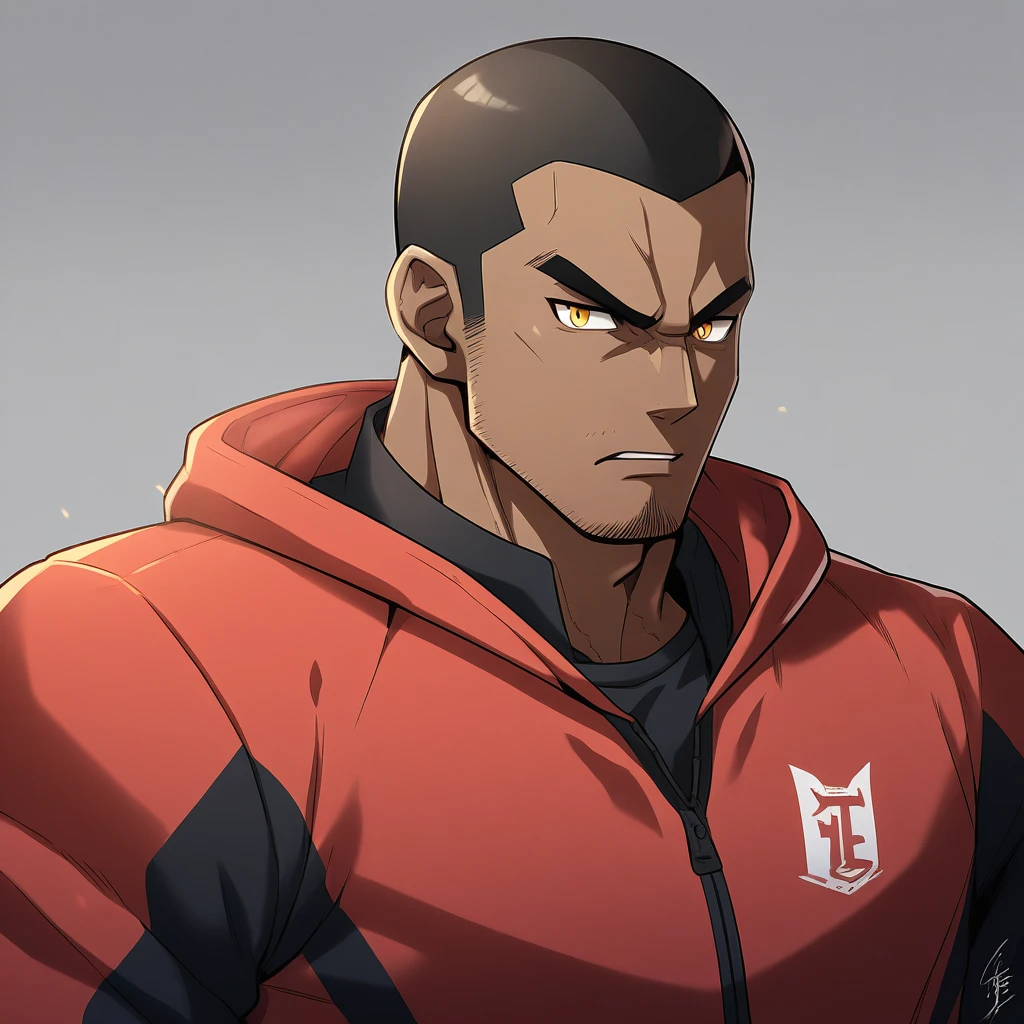 anime characters：Gyee, Young Muscle Sports Teacher, negro black skin, Buzz Cut, Manliness, male focus, Dark red long-sleeved hooded sweatshirt, Very tight, muscular male, muscular, only, Upper body, alone, Black short hair, Thick eyebrows, stubble, Yellow eyes, Grey background, simple background, amazing quality, best aesthetics, Ridiculous, bright pupils, crew cut, parted lips, angry, v-shaped eyebrows, jitome, frown, best quality