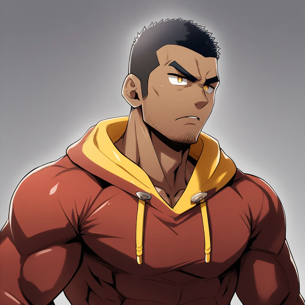 anime characters:Gyee, Young Muscle Sports Teacher, negro black skin, Buzz Cut, Manliness, male focus, Dark red long-sleeved hooded sweatshirt, Very tight, muscular male, muscular, only, Upper body, alone, Black short hair, Thick eyebrows, stubble, Yellow eyes, Grey background, simple background, amazing quality, best aesthetics, Ridiculous, bright pupils, crew cut, parted lips, angry, v-shaped eyebrows, jitome, frown, best quality