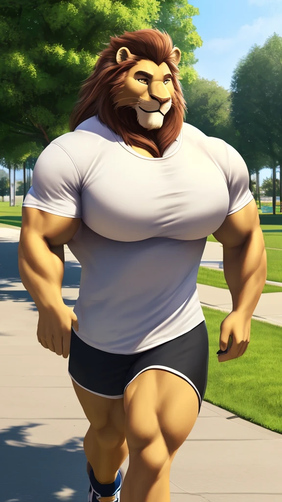 Lion, lion tail, muscular, jogging, fluffy, tall, huge, (((big pecs))), handsome, t-shirt, park, smile (((realistic, 8k, ultra details, masterpiece)))