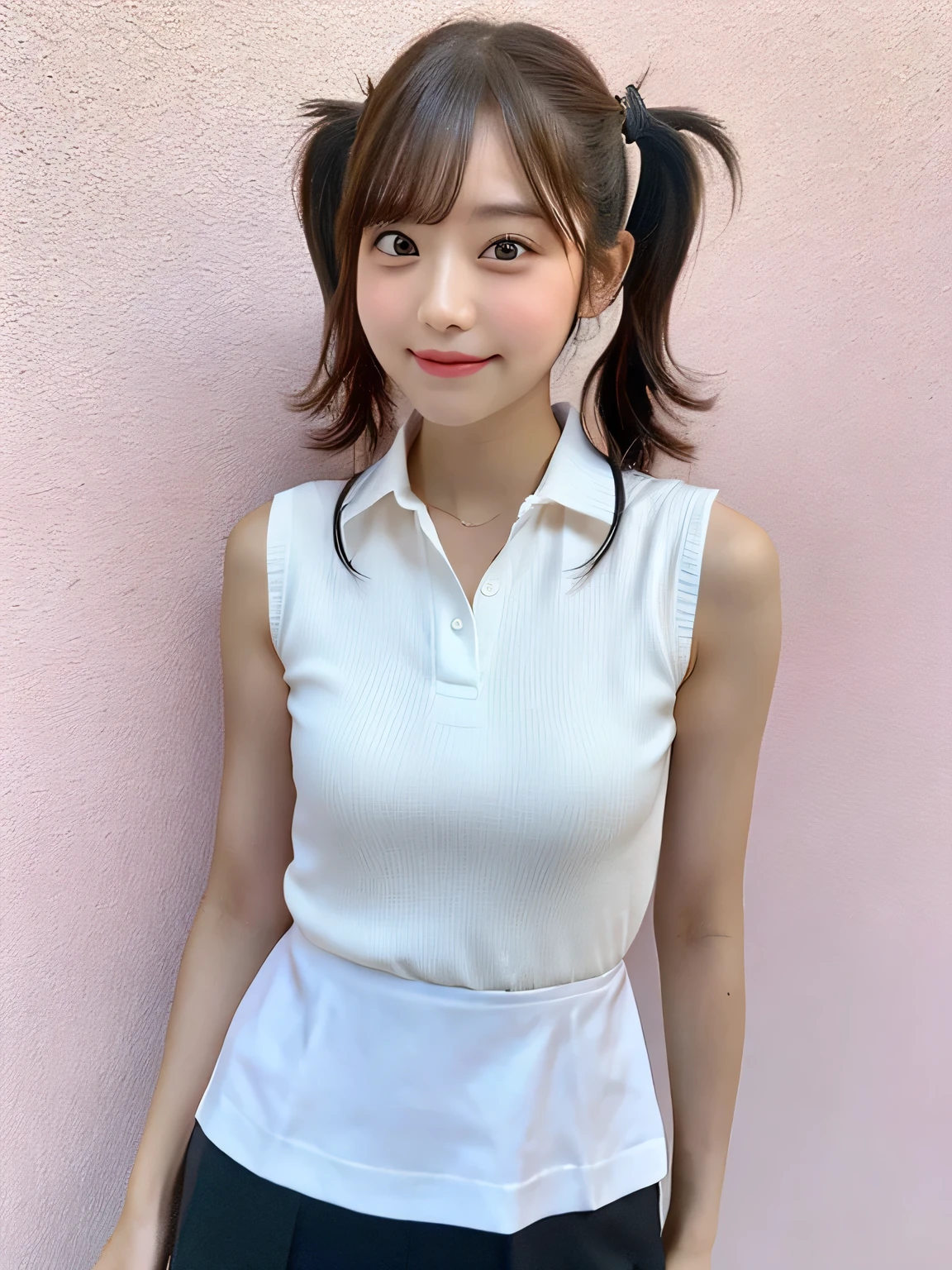 One person、、Full body photo,slender、woman、White drool coming out of the mouth、smile、、Twin tails、 Fair skin, messy hair, super cute、Soft and Face、8K resolution、Surreal、Ultra high definition、 A-cup small breasts((Highest resolution、8K、masterpiece:1.3))、Ultra-fine face、Ultra Fine Lips、Beautiful Eyes、double eyelid,Pink wall、Sleeveless black polo shirt、White Skirt、Thighs、thin,Thighsが見える、Shapely small breasts、sexy