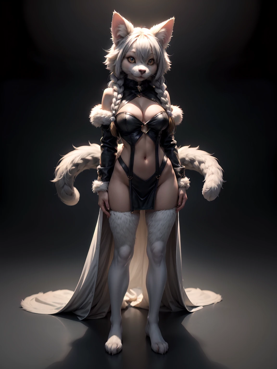 full body photo, White gradient background,(in a panoramic view:1.2,full bodyesbian:1.2),(furry anthro:1.7, Features of the furry lower body animal ), Beautiful ,hdr(HighDynamicRange),Ray traching,Hyper-Resolution,post-proces,Anisotropy ,Filtering anatomy correct,maximum definition and sharpness,smile, cat-shaped headdress masterpiece, cats silver-gray strappy transparent furry clothes( Solo focus, )(body, features of lil, very detailed furry lower body of animal),furry lower body focus, adorable , side braids hair, cat furry tail, perfectly proportions, silver-gray furry stockings, lower feet body furry, (Best quality at best high detal,tmasterpiece,offcial art,movie light effect,4K)