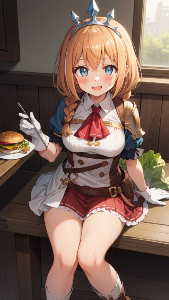 {{{masterpiece}}}, {{{best quality}}}, {{ultra-detailed}}, {illustration}, {{an extremely delicate and beautiful}}, (beautiful detailed eyes:1.6), extremely detailed face, 8k, anime face, BREAK, Pecorine(Princess Connect!), 1 girl, cute face, blue eyes, hair ornament, long hair, orange hair, tiara, braid, hair braid, medium breasts, thin waist, big hips, curvaceous, arm belt, armor, ascot, blue socks, boots, dress, gloves, hair ornament, open clothes, open dress, pauldrons, pleated skirt, puffy short sleeves, puffy sleeves, red ascot, red skirt, white petticoat, short sleeves, shoulder armor, single pauldron, skirt, socks, white dress, white footwear, white gloves, BREAK, smile, lots of food on table, Eating a hamburger, Hamburger(lettuce, tomatoes, onion, cheese), food, and convey a sense of excitement and delight as she prepares to savor the delicious burger, indoor, wooden set meal shop, medium shot