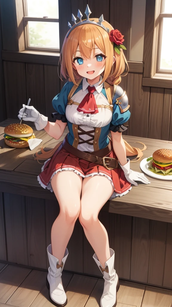 {{{masterpiece}}}, {{{best quality}}}, {{ultra-detailed}}, {illustration}, {{an extremely delicate and beautiful}}, (beautiful detailed eyes:1.6), extremely detailed face, 8k, anime face, BREAK, Pecorine(Princess Connect!), 1 girl, cute face, blue eyes, hair ornament, long hair, orange hair, tiara, braid, hair braid, medium breasts, thin waist, big hips, curvaceous, arm belt, armor, ascot, blue socks, boots, dress, gloves, hair ornament, open clothes, open dress, pauldrons, pleated skirt, puffy short sleeves, puffy sleeves, red ascot, red skirt, white petticoat, short sleeves, shoulder armor, single pauldron, skirt, socks, white dress, white footwear, white gloves, BREAK, smile, lots of food on table, Eating a hamburger, Hamburger(lettuce, tomatoes, onion, cheese), food, and convey a sense of excitement and delight as she prepares to savor the delicious burger, indoor, wooden set meal shop, medium shot