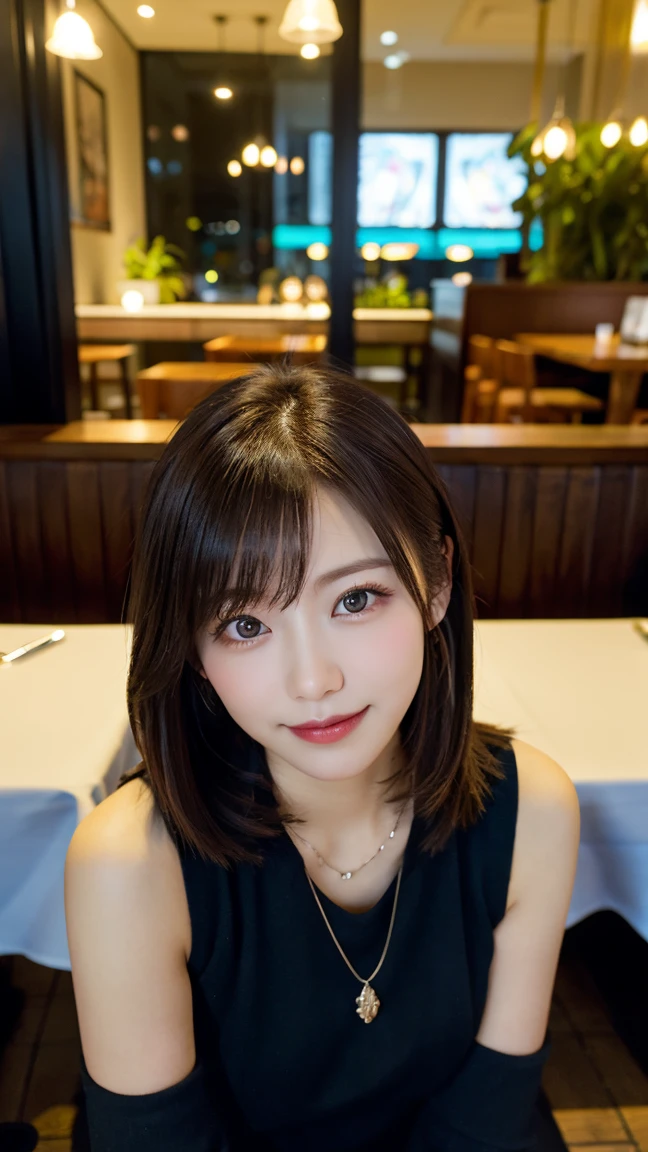 highest quality, masterpiece, 8K, ultra high resolution, (realistic: 1.4), beautiful face, symmetrical eyes, Japanese, brown hair, smile, wearing makeup, high-definition images, atmospheric perspective, super detail, accurate, best quality, (angle from under the table), a Japanese lady, drooping eyes, sleepy face, blush, in the city, busy, skyscrapers, skirt, high boots, necklace, restaurant with large windows, takes a seat, (other customers), night scene, windows have harbor view, foods, 