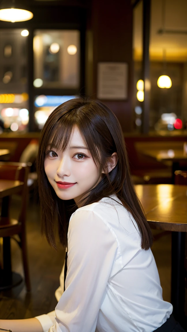 highest quality, masterpiece, 8K, ultra high resolution, (realistic: 1.4), beautiful face, symmetrical eyes, Japanese, brown hair, smile, wearing makeup, high-definition images, atmospheric perspective, super detail, accurate, best quality, (angle from under the table), a Japanese lady, drooping eyes, sleepy face, blush, in the city, busy, skyscrapers, skirt, high boots, necklace, restaurant with large windows, takes a seat, (other customers), night scene, windows have harbor view, foods, 