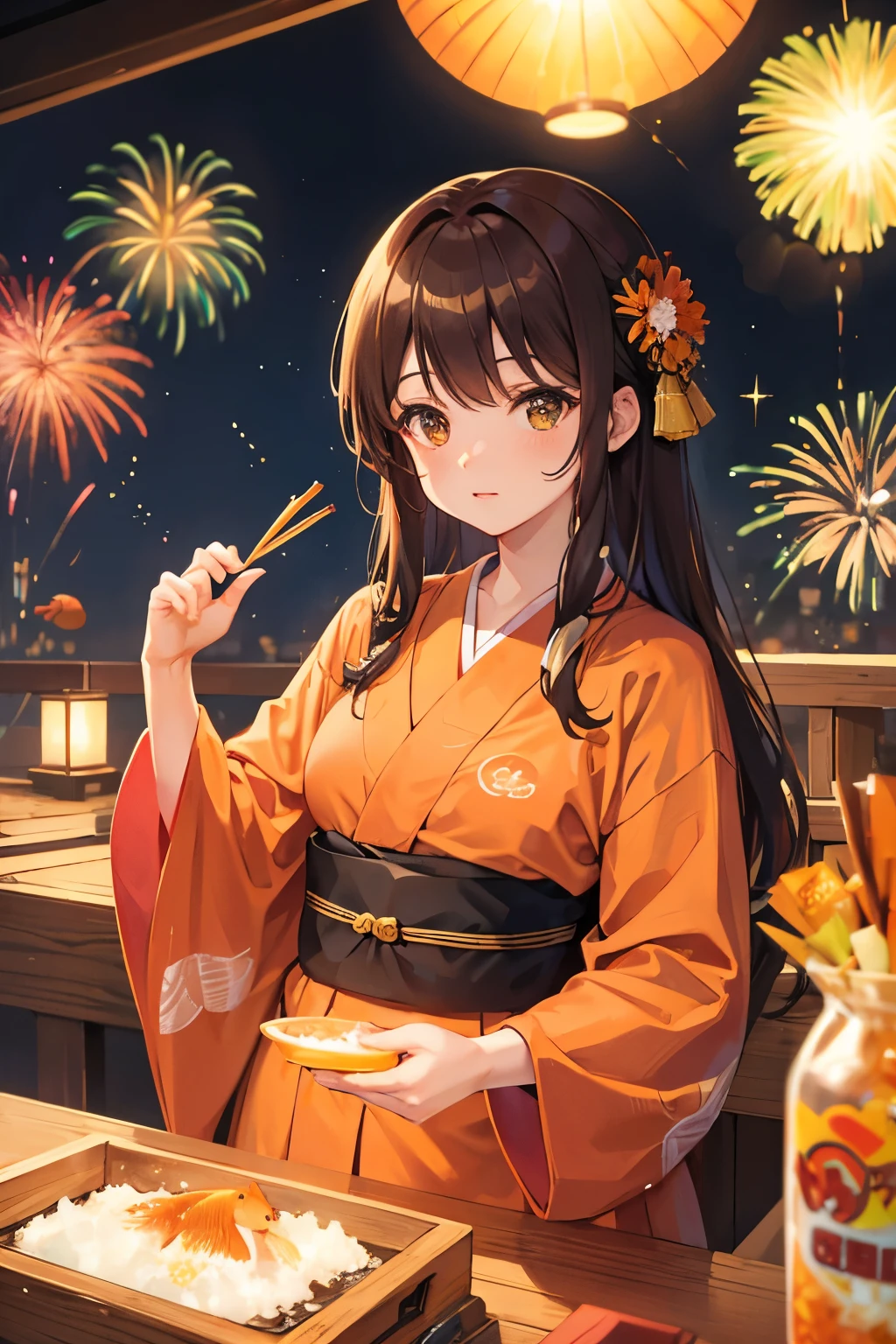 Long brown hair, yukata, goldfish, yo-yo, fireworks, shaved ice