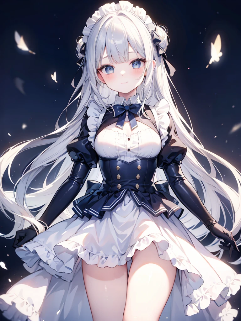 best quality,masterpiece,detailed face, uncensored, 1girl, solo focus, smile, blush, solo, full body, standing, dark blue hair, long hair,low tied hair, forehead, blue eyes, maid, maid headdress, dark blue dress, puffy sleeves, elbow gloves, white gloves, apron, long skirt, dark blue skirt, white thighhighs,Masterpiece, Top Quality Anime Illustration, Super Detail, One Girl, Solo, Beautiful Girl with Silver Hair, Anime , maid dress,Smile,(white background),((charming))、perfect proportions, cute woman, baby face, BREAK source_anime, high detail, looking at viewer,POV, large chest, best quality, highly detailed, young face,Droopy eyes,relaxed face,