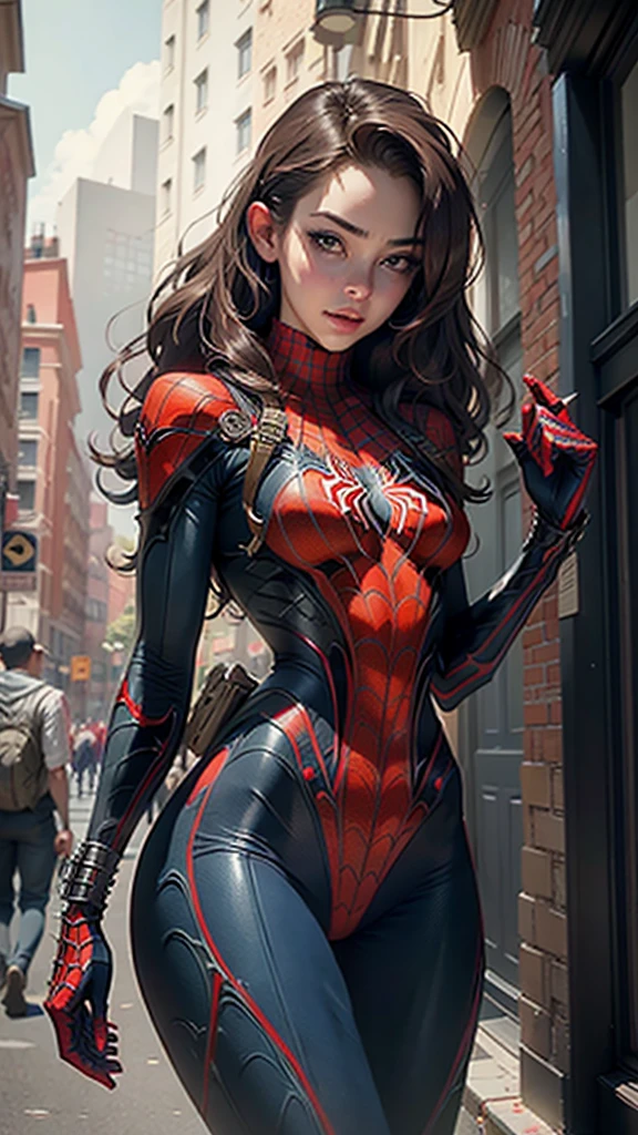 Beautiful woman detailed defined body using spider man cosplay, small breasts